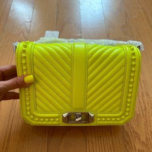 Rebecca Minkoff Chevron Quilted Love Leather Crossbody Bag In Neon Yellow NWT